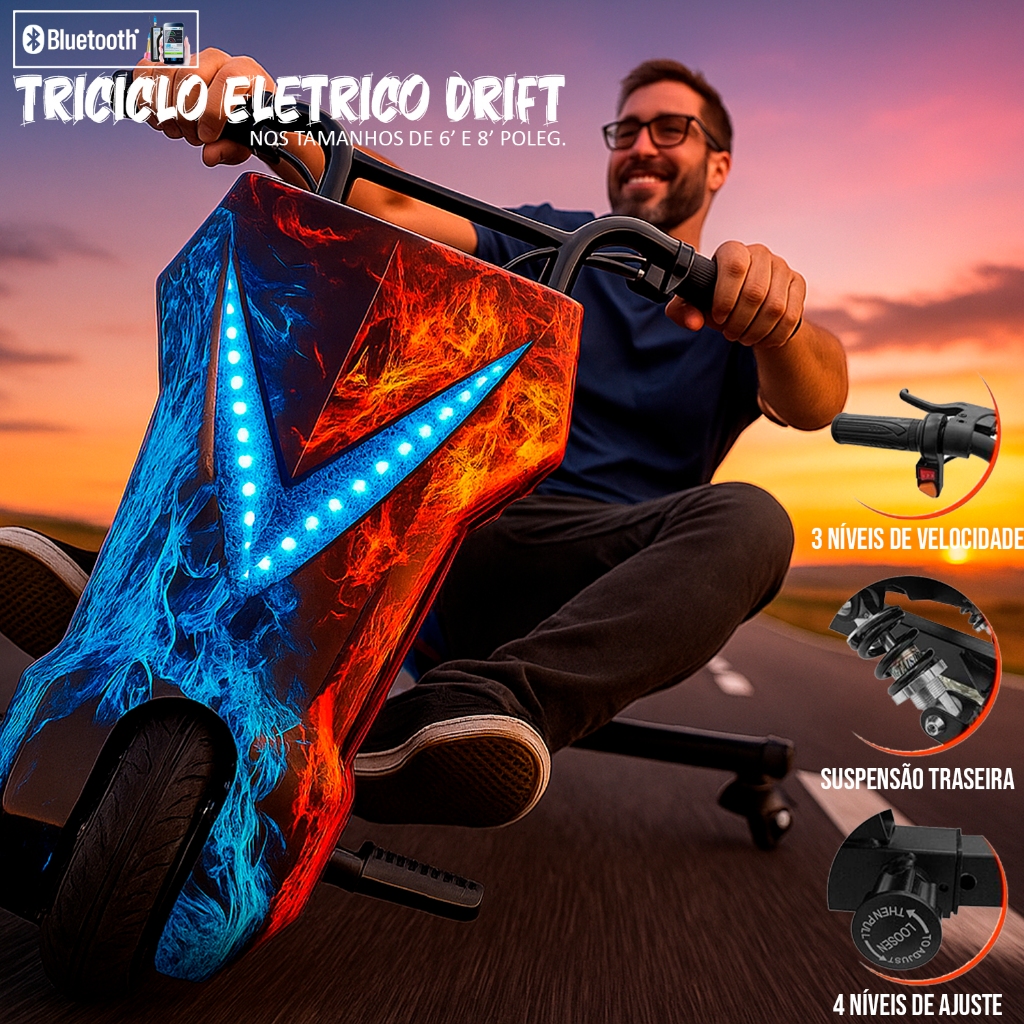 TRICICLO ELÉTRICO TRIKE DRIFT 6 Poleg. 250W 3 VELOCIDADES BLUETOOTH