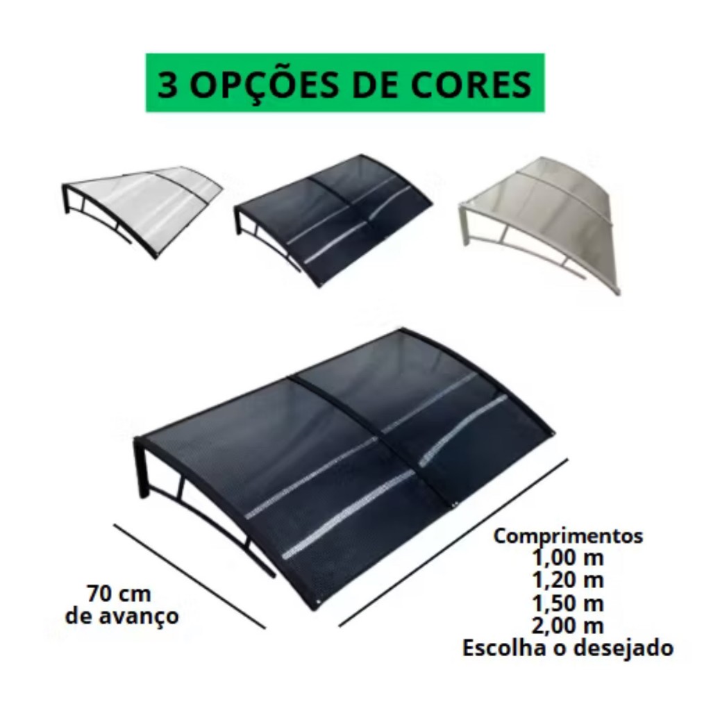 Toldo Policarbonato 100 a 200x70cm Alta Resistência, Proteção UV área externa portas e janelas