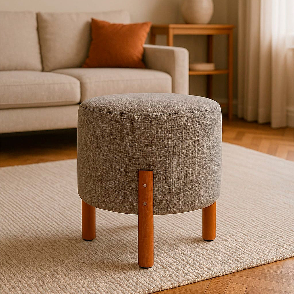 Puff Redondo Banquinho Tecido Linho Luxo Decorativo Pés Madeira Maciça Sala Quarto
