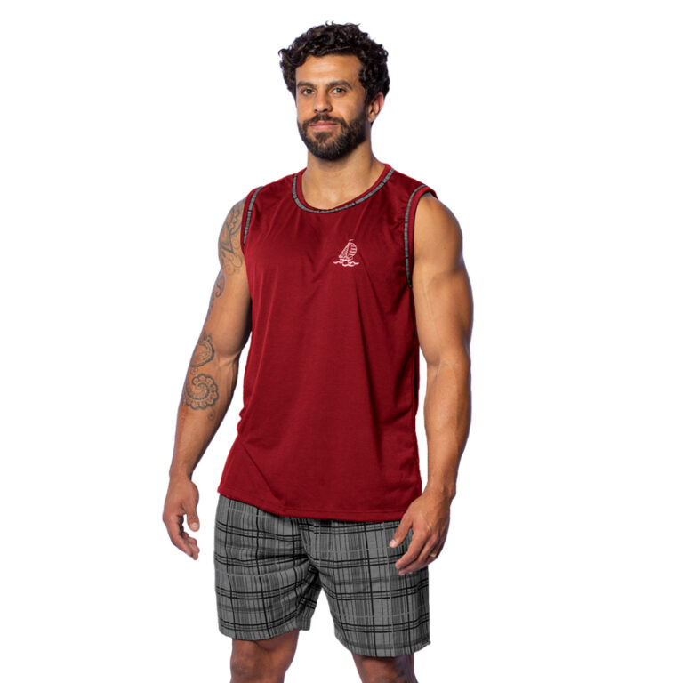 Pijama Regata Liso Bordado Masculino Conjunto de V