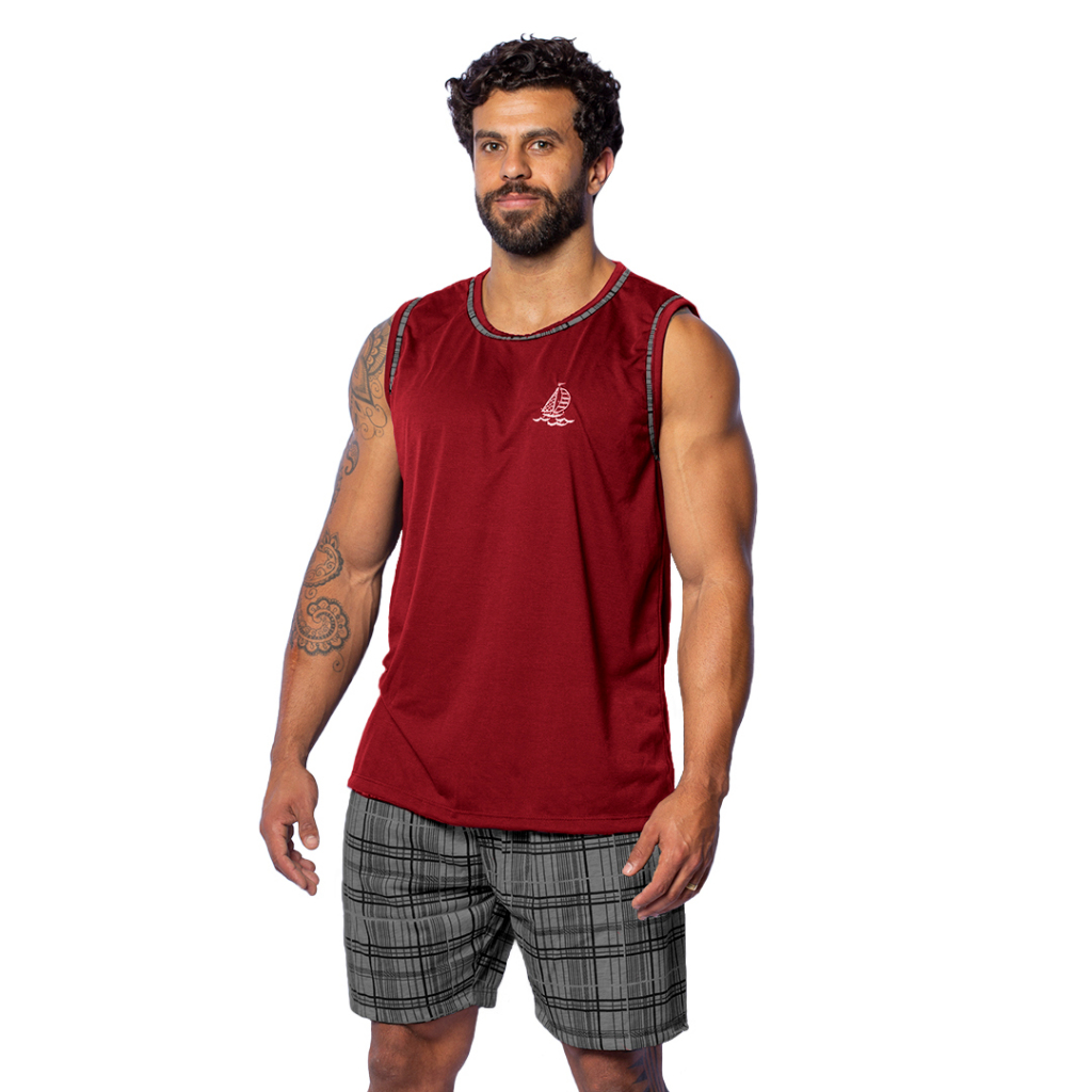 Pijama Regata Liso Bordado Masculino Conjunto de Verão Short Estampado Malha