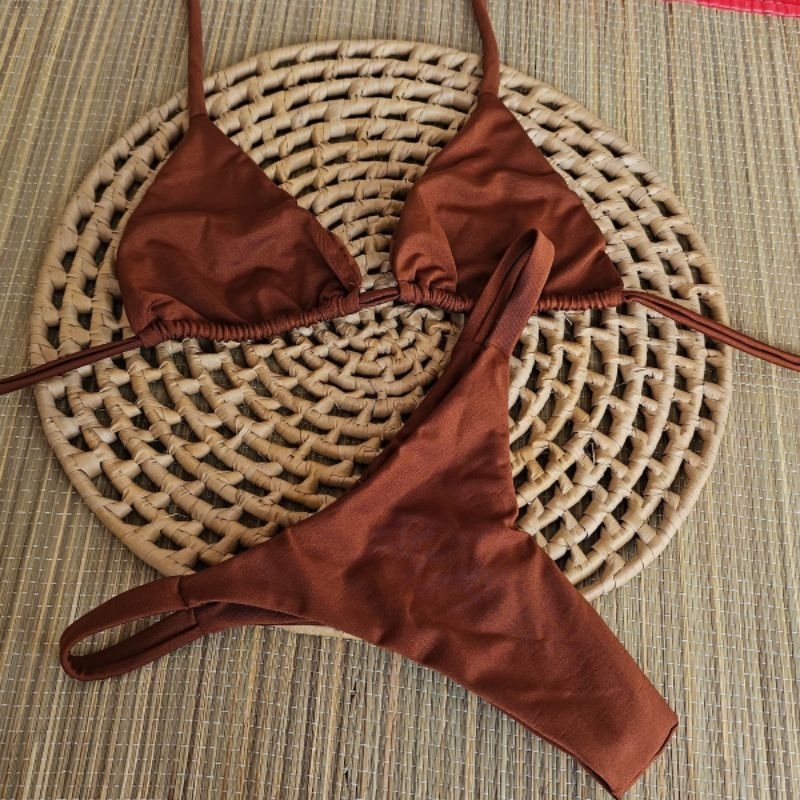 Biquíni Cortininha + calcinha marquinha  de fita bronze Marrom Chocolate | perola  | preto ,Tecido