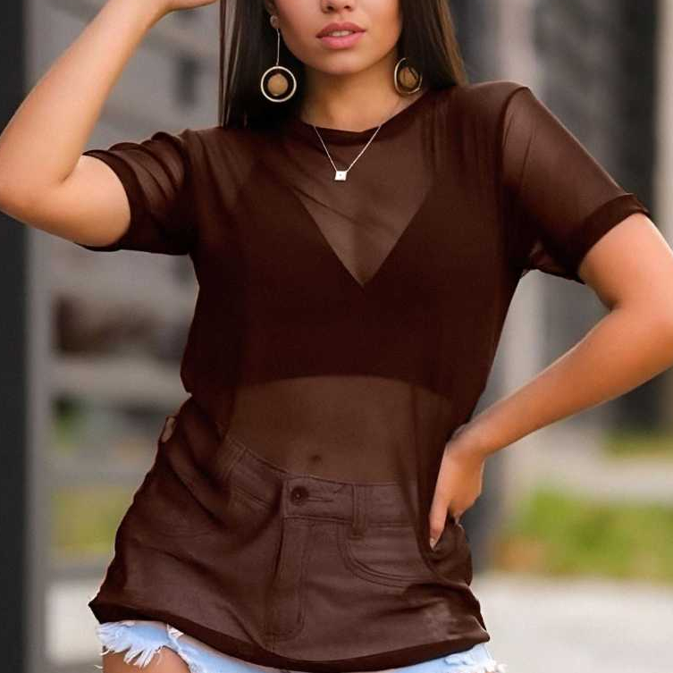 Blusa Feminina Fitness Tule Transparente Gola Redo