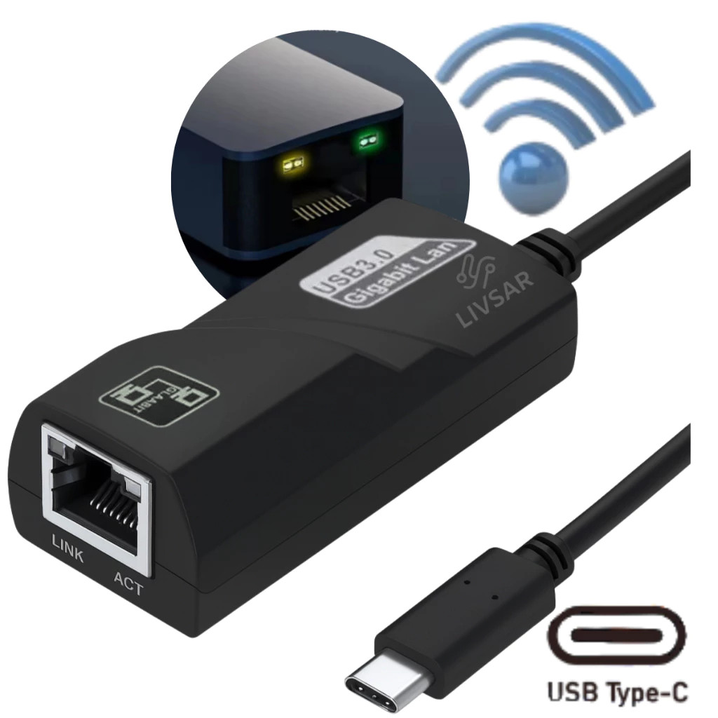 Adaptador de Rede USB 3.0 Type C 3.0 RJ45 Gigabit 1000Mbps Ethernet 10/100/1000 – Computador PC Note