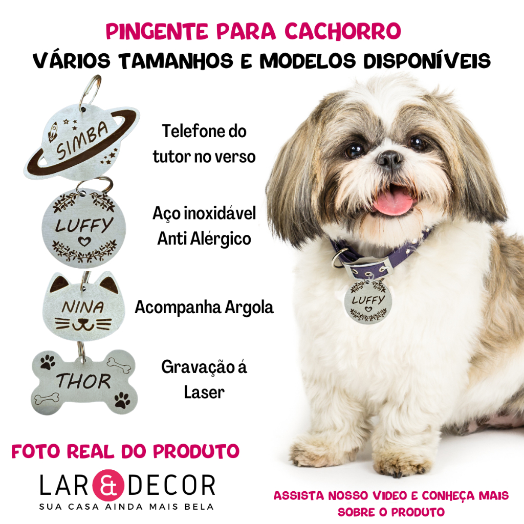 Pingente Pet com Nome Gravado Plaquinha de Identificação Cachorro Gato