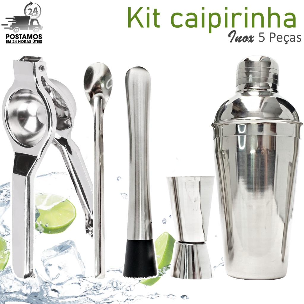 Kit Caipirinha Inox 5 Peças –  500ml Profissional Espremedor Coqueteleira Socador Macerador Dosador