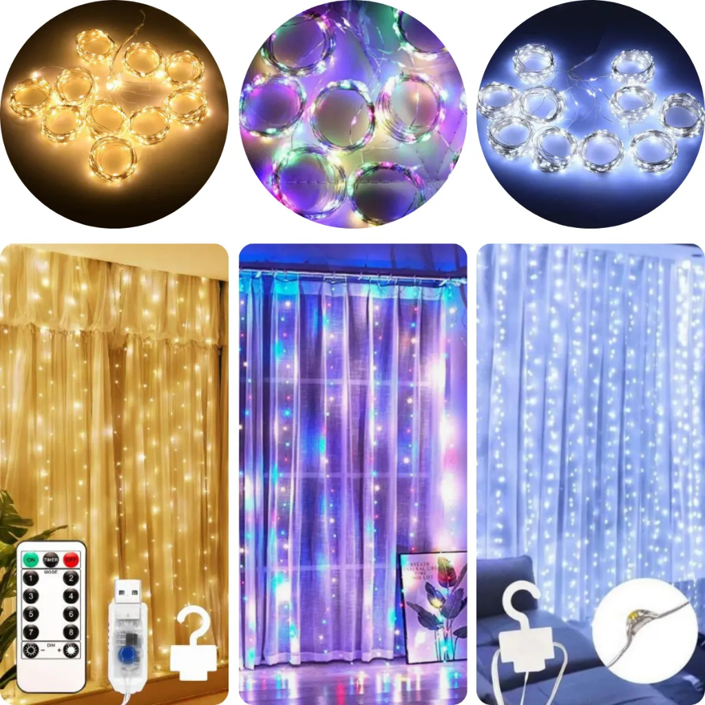 Cortina Led Decoração 4×3 3×3 Metros 110v/220v Bivolt + 300 Leds Amarelo Branco Colorido