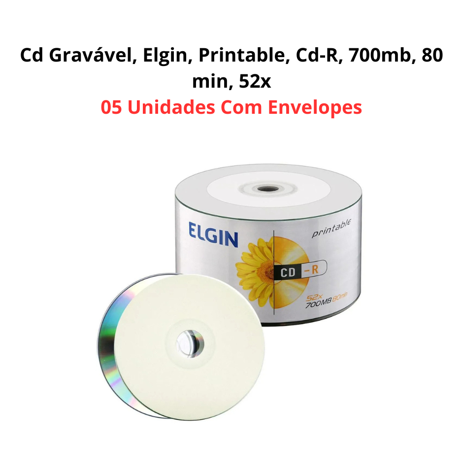 Cd Gravável, Elgin, Printable, Cd-R, 700mb, 80 min, 52x – 5 Unidades Com Envelopes