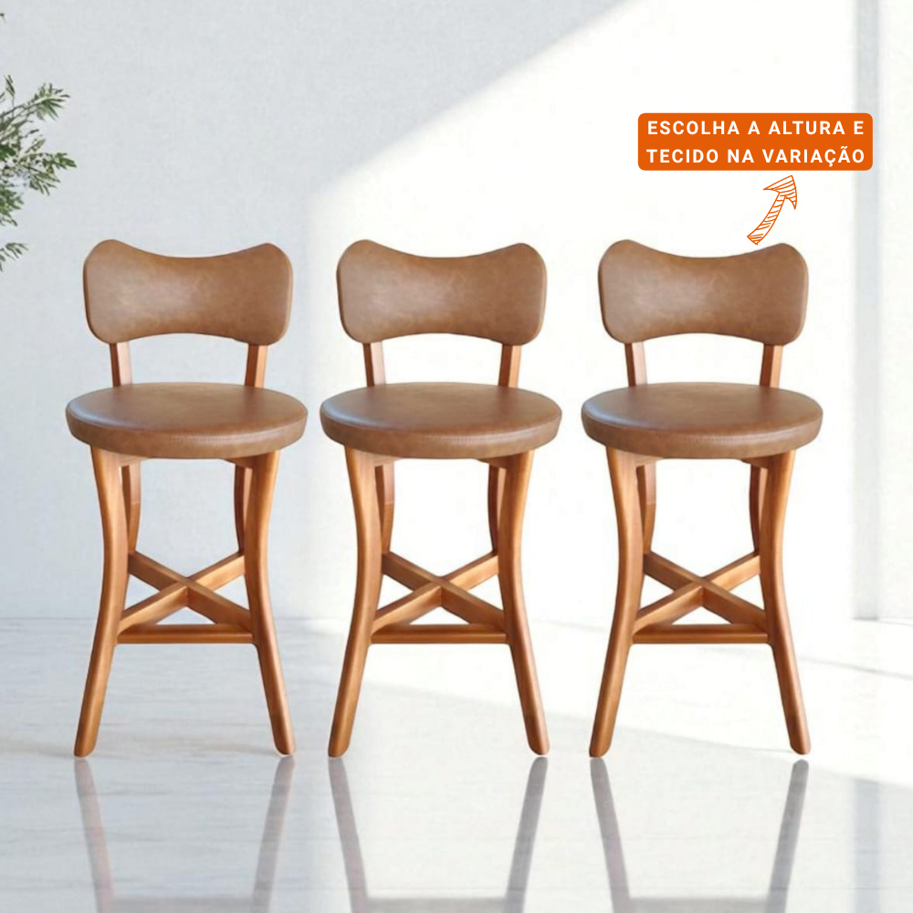 Banqueta alta balcão cozinha Encosto Tecido Courissimo Marrom 3 unid Madeira Maciça Premium