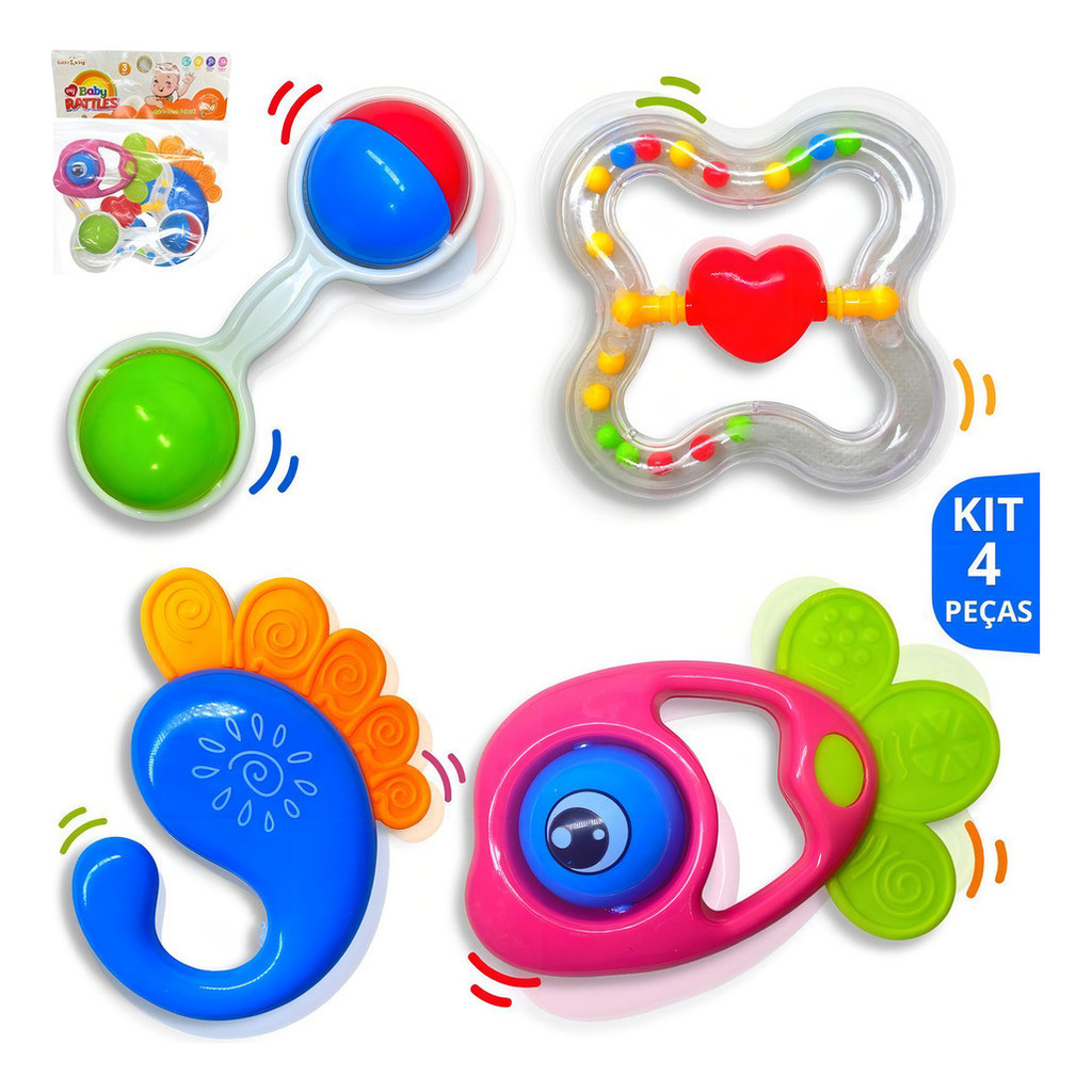 Brinquedos Para Bebê Kit Chocalho + Mordedor Macio Colorido