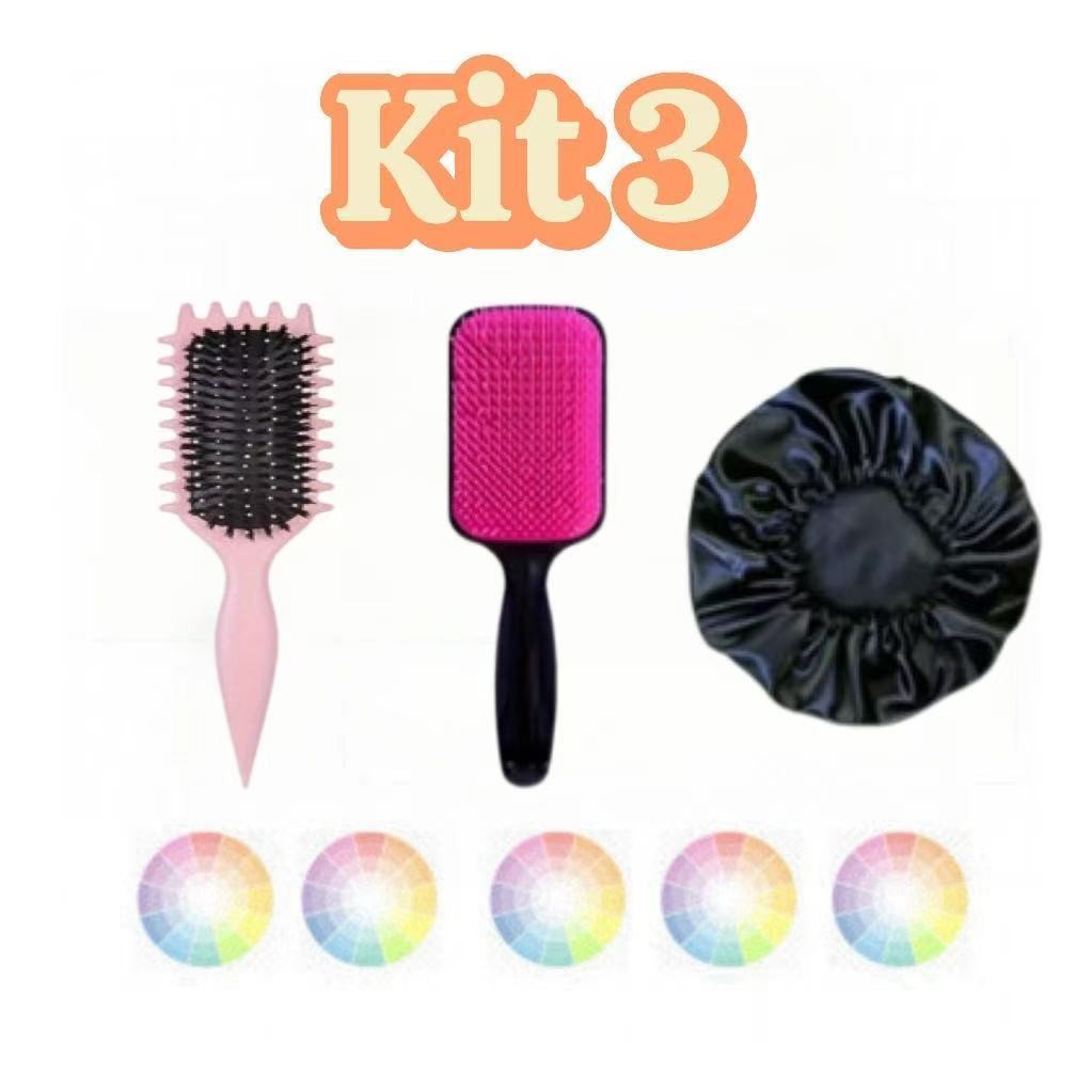 Kit 3 Escovas Para os Cabelos, Onda, Raquete, e uma touca de cetim.
