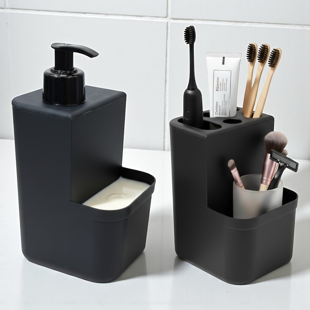 Kit Dispenser de Sabonete Líquido + Porta Escovas de Dentes  Organização e Higiene para Banheiro