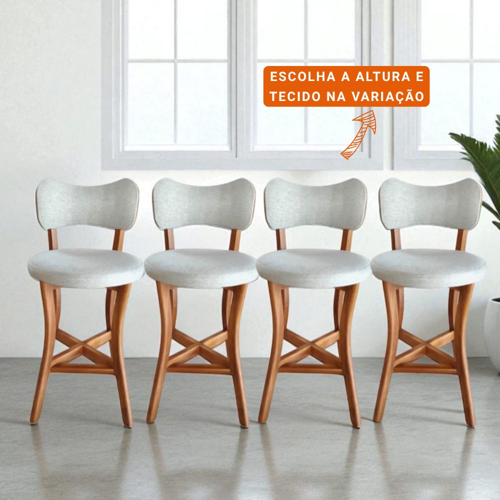 Banqueta alta balcão cozinha com Encosto Linho Bege 4 unid Madeira Maciça Estofado Premium