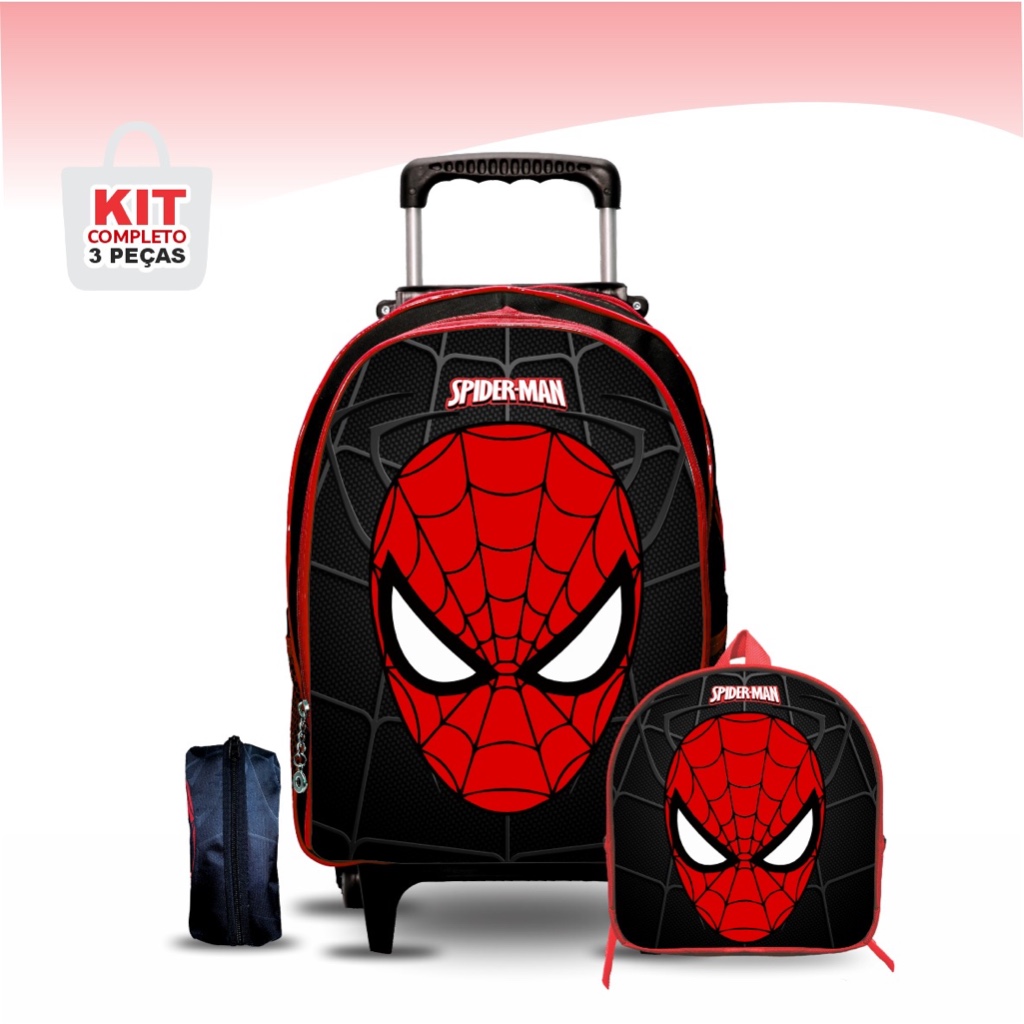 Kit Mochila Escolar aranha com Lancheira e Estojo – Rodinhas – Menino –