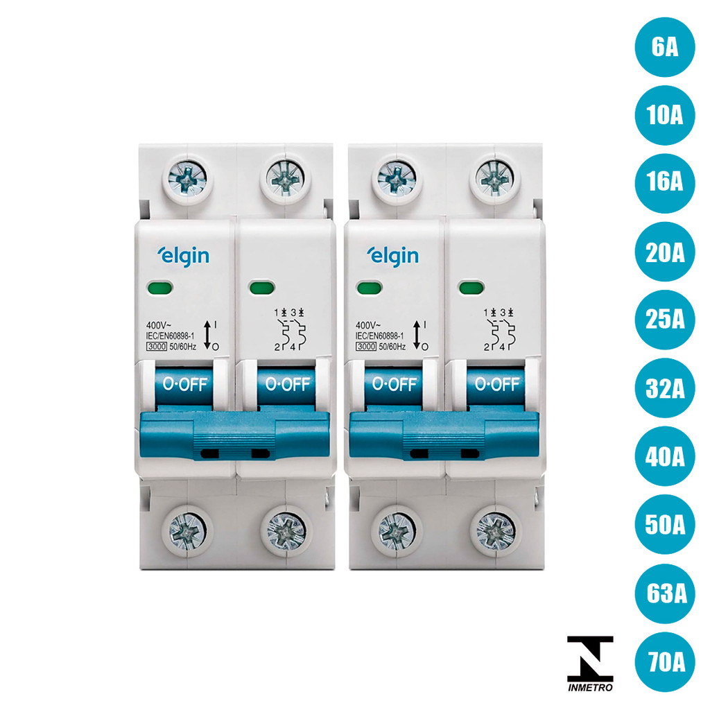 Kit 2 Disjuntor Bipolar Duplo Elgin 6A até 70A Curva C 2 Polo Homologado Inmetro