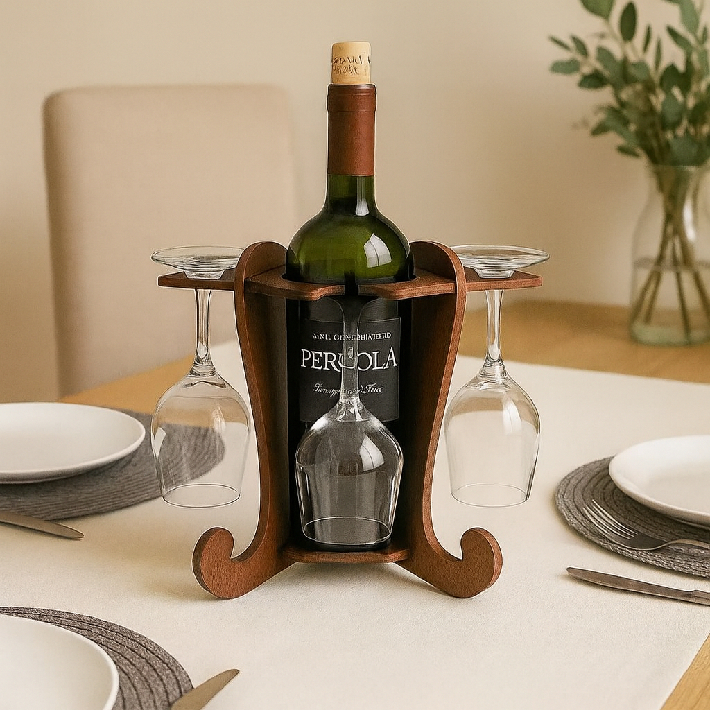 Adega Suporte de 4 taças e Vinho ou Espumante para Mesa Em Madeira MDF