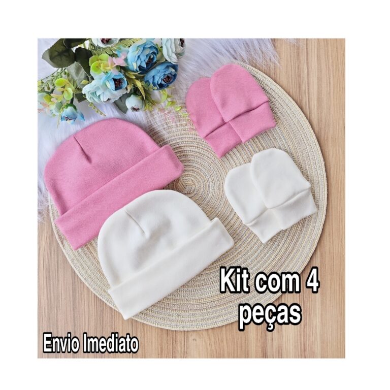 Kit 2 Touca e 2 Luva Para Bebê Recém Nascido 100