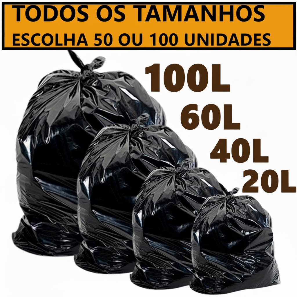 Saco De lixo Preto Resistente Pacotes com 100Unidades ou 50 unidades – 20L/40L/60L-100Litros