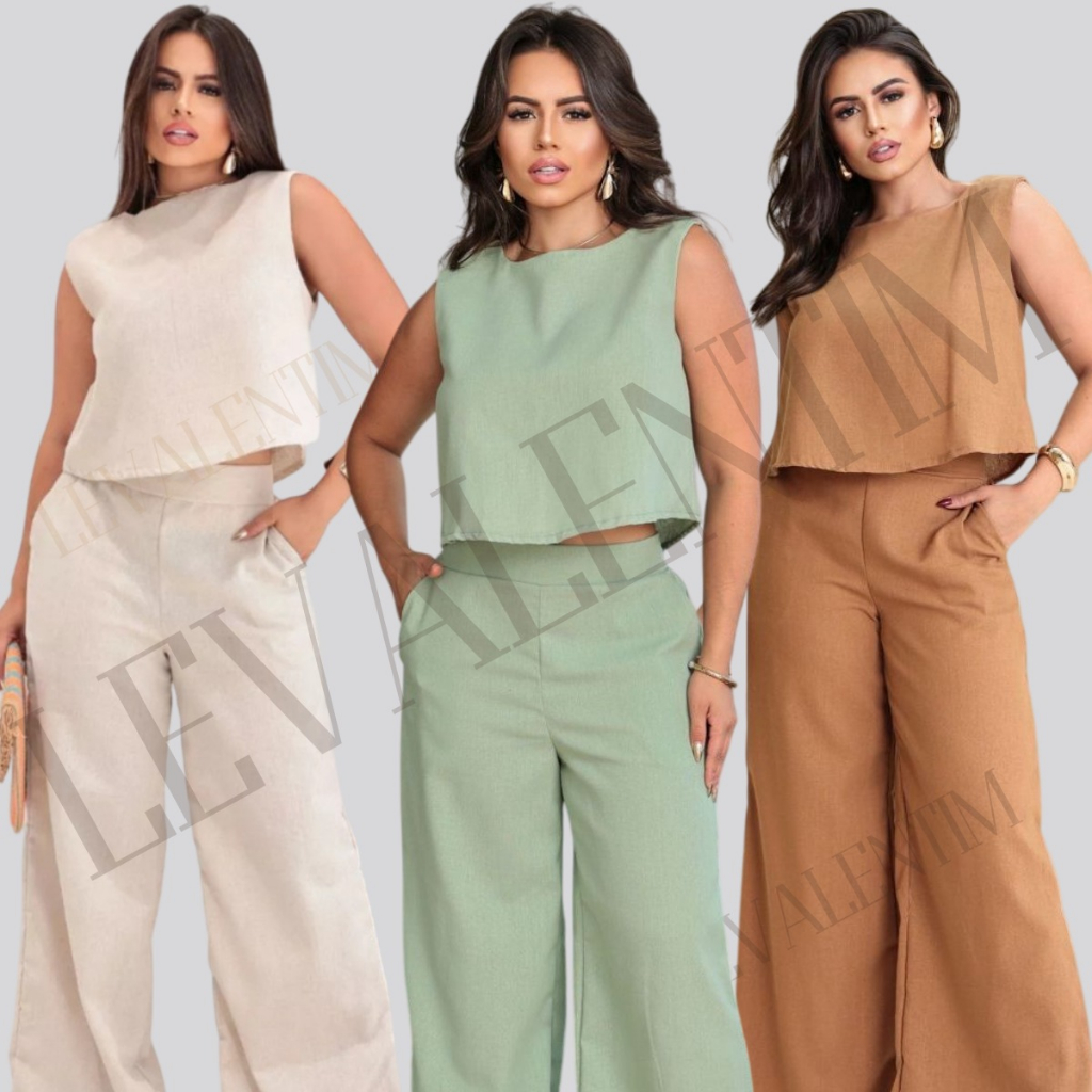 Conjunto Alfaiataria Social Feminino Calça e Blusa Em Linho