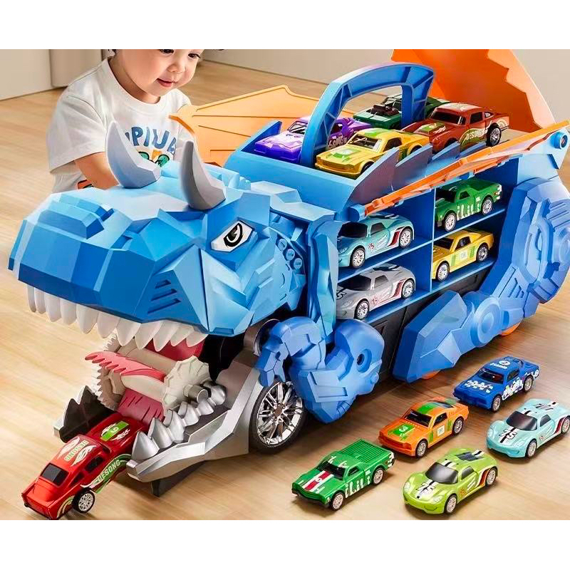 Novo 2026 Caminhão Dinossauro engolidor e Porta-carrinhos com 4 Carrinhos de Fricção.
