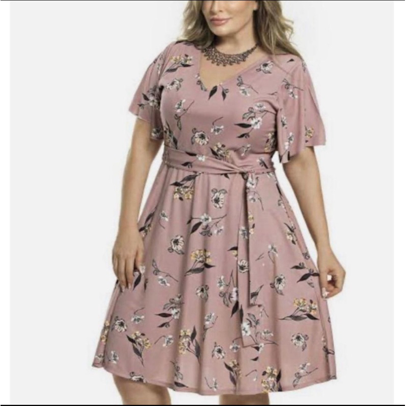Vestido Plus Size manga fler  com a faixa Estampado Suplex Digital  Veste g44,46,48,50