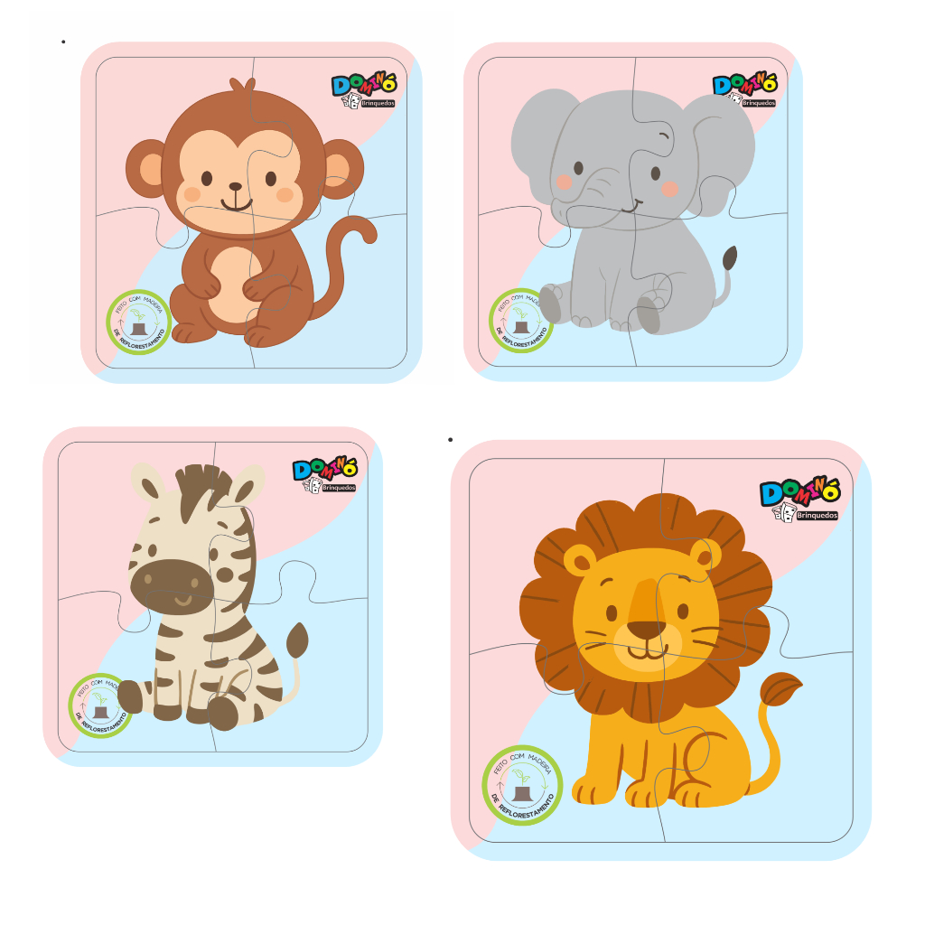 Kit 4 Jogos Quebra Cabeça Animais Infantil em madeira Mdf 4 peças cada (4 unidades) 2 anos