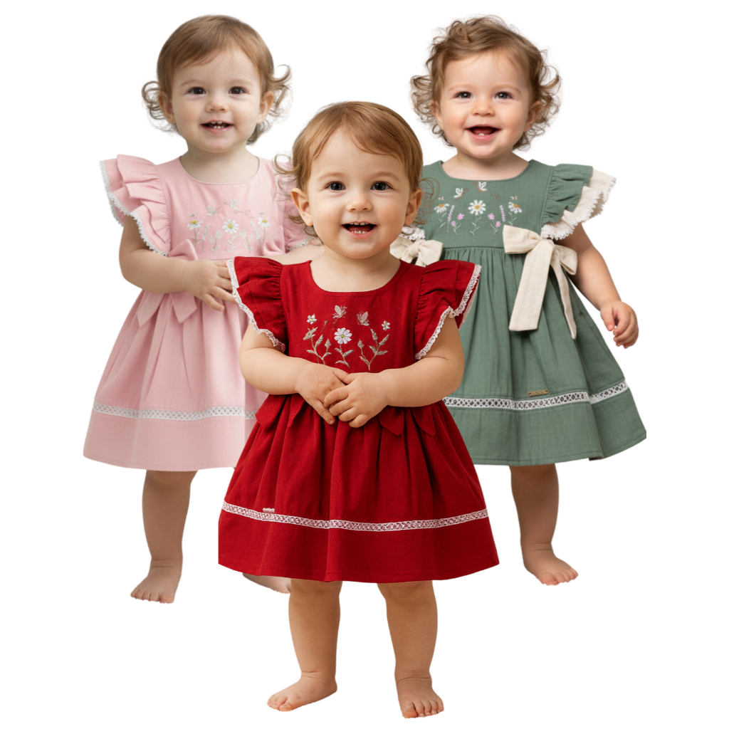 Vestido Feminino Infantil Com Amarração Lateral Vestido Kids com Babadinhos em Mangas Bordado Floral