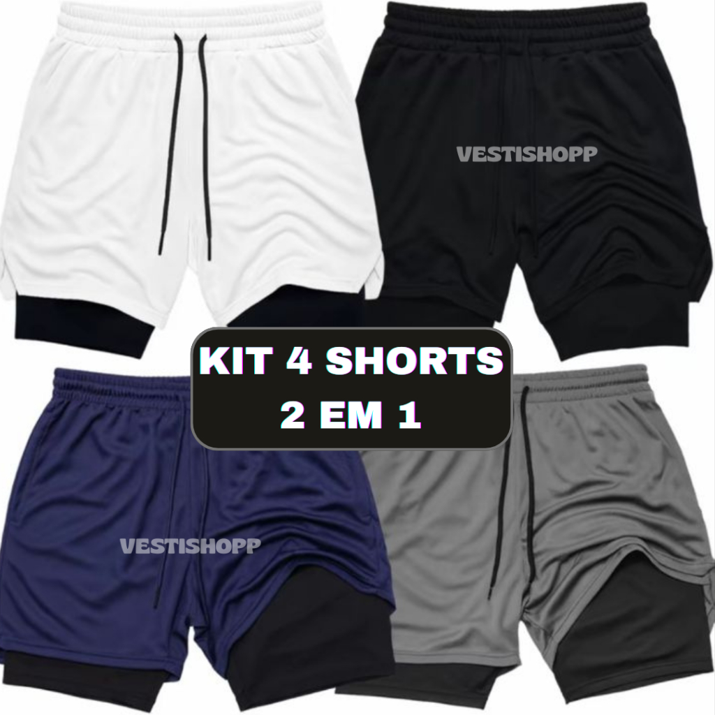 Kit 4 Shorts Masculino Academia 2 em 1 Treino Esporte Fitness Com Elastano