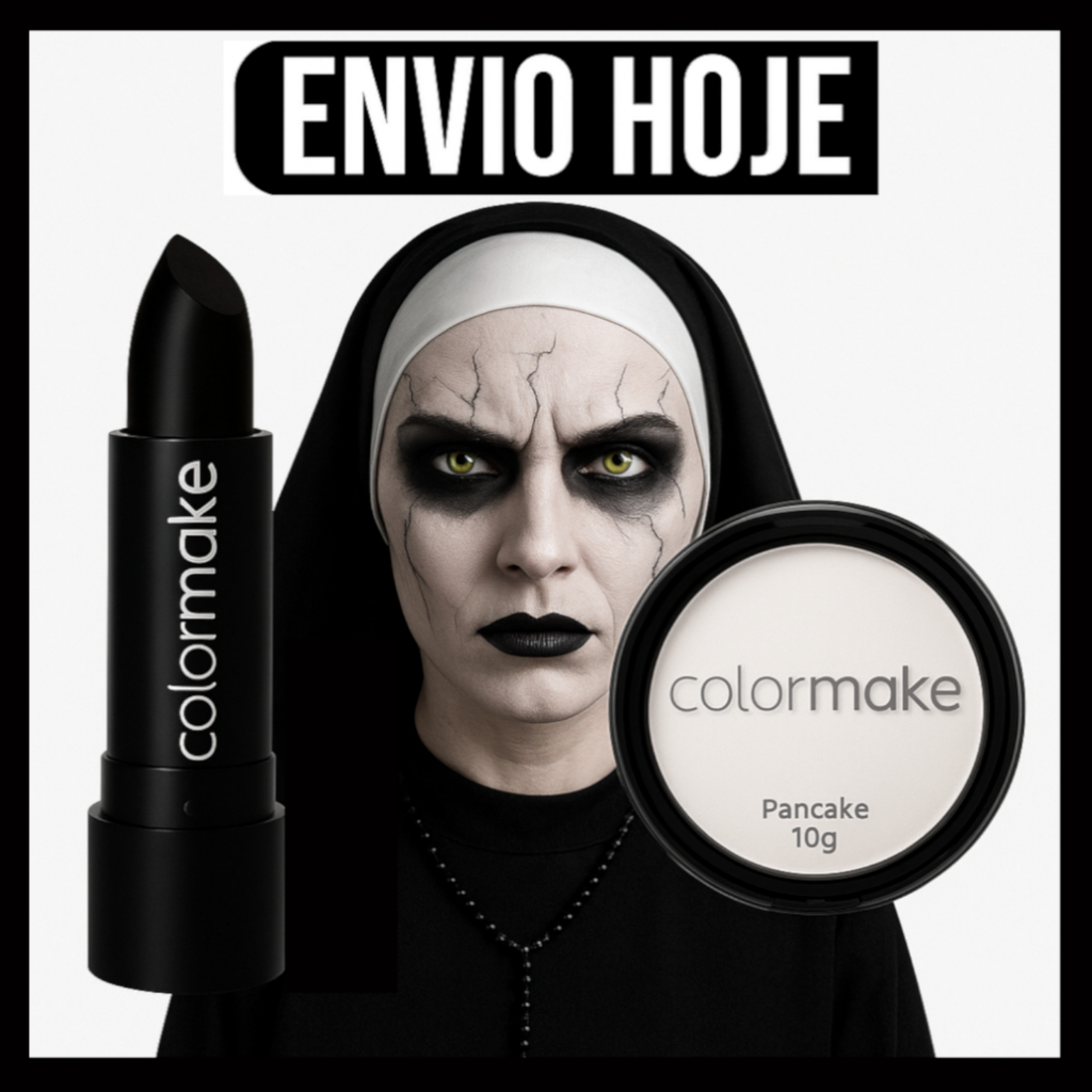 Pancake Branco e Batom Preto Colormake  maquiagem artística para Halloween, fantasia e festas.