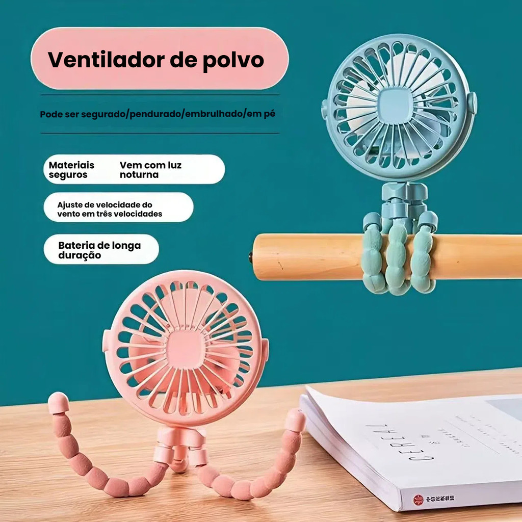 Mini Ventilador USB Recarregável para Carrinho de Bebê Portátil 3 Velocidades Suporte Flexível
