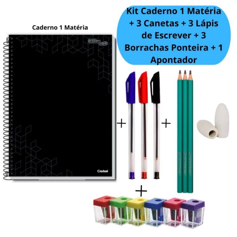 Kit Caderno 1 Matéria + 3 Canetas Simple + 3 Láp