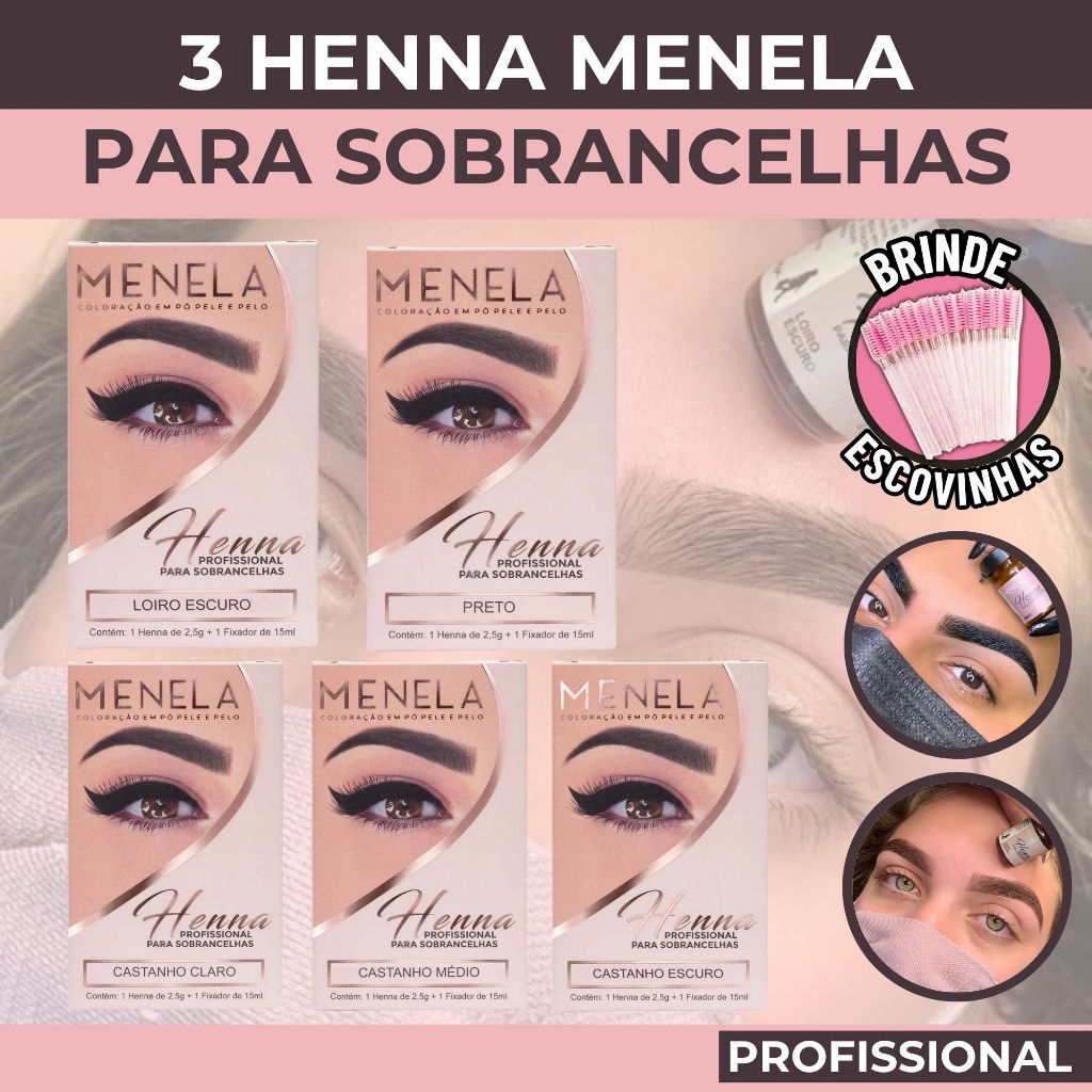 Henna Sobrancelha Menela Profissional + Fixador Hennas Menela Henna Preta Castanho Loiro