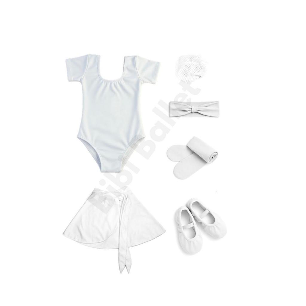 Kit Ballet Infantil – 6 Itens (Collant Com Manga + Saia Transpassada + Rede + Faixa + Sapatilha + Me