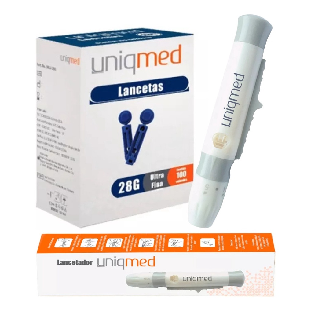 KIT LANCETADOR + 100 LANCETAS UNIVERSAL UNIQMED PUNÇÃO MEDIR GLICOSE