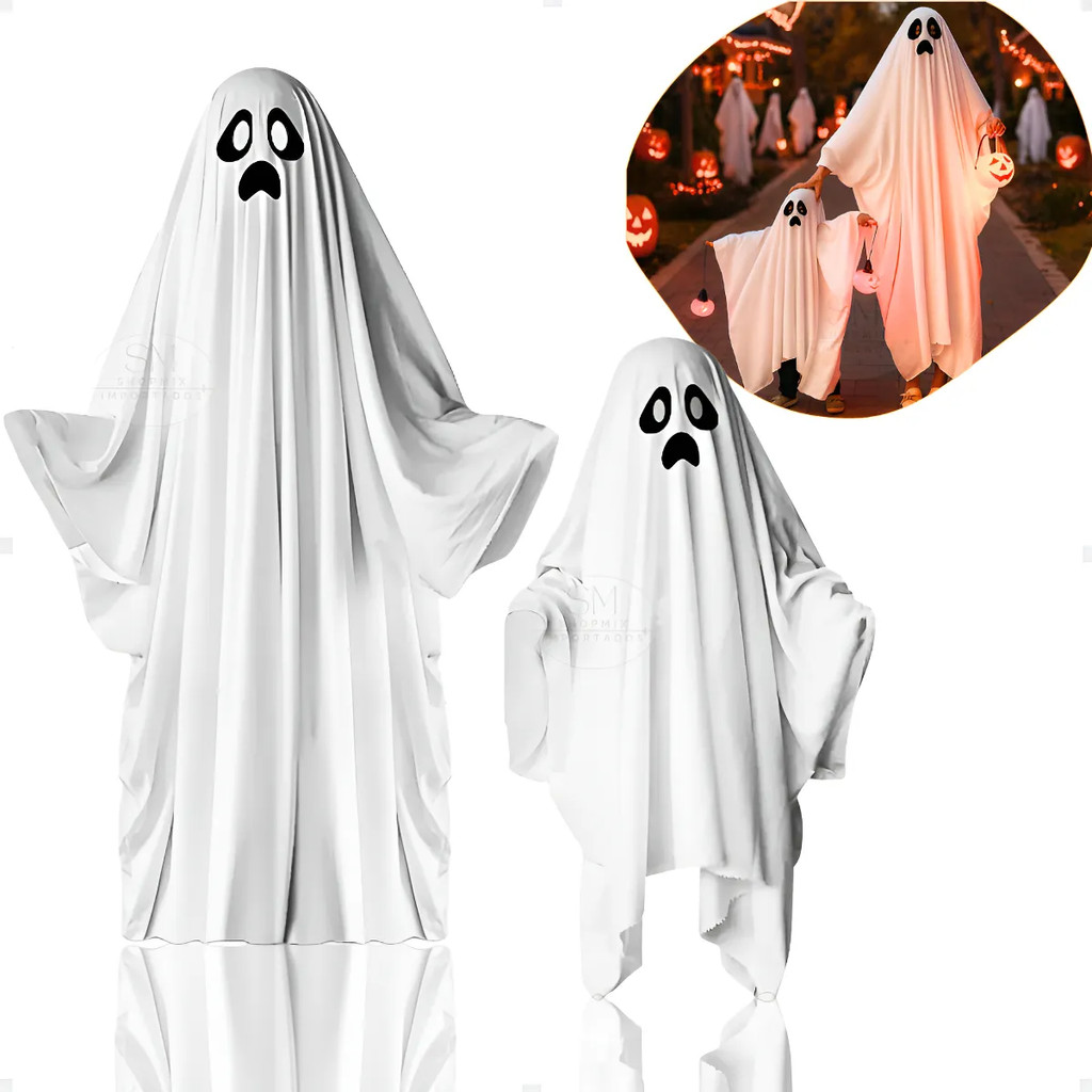Fantasia Capa Fantasma Infantil e Adulto Assombração Assustador Ghost Festa Halloween-90/130/160Cm