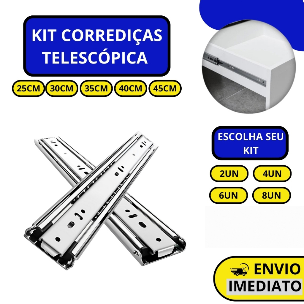 Kit Corrediças Gaveta Trilho Telescópica Light COM Parafusos | 25cm – 30cm – 35cm – 40cm – 45cm