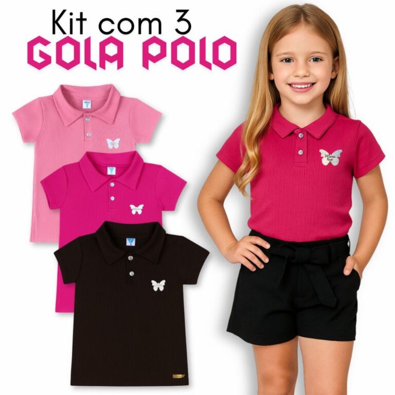kit com 3 Camisas infantil gola polo menina com ap