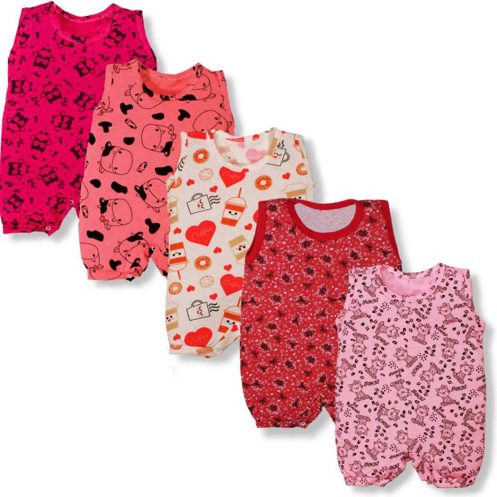 Kit 5 Pçs Macacão Curto Verão Jardineira Banho De Sol Estampado Menina