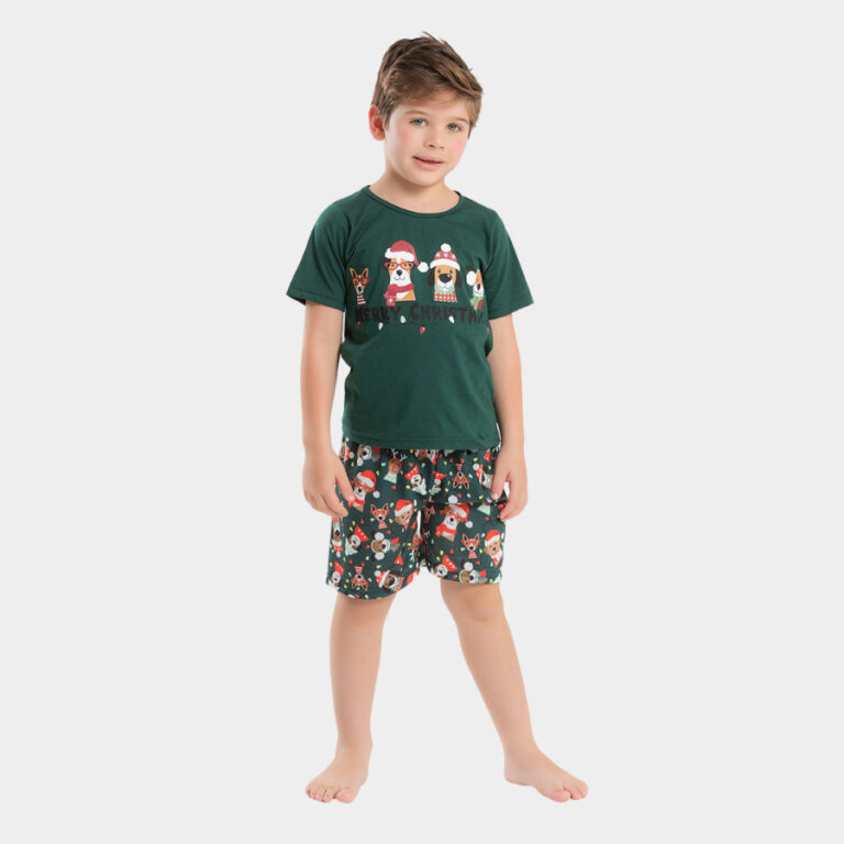 Pijama Natal Verão Menino Verde Camiseta e Bermud