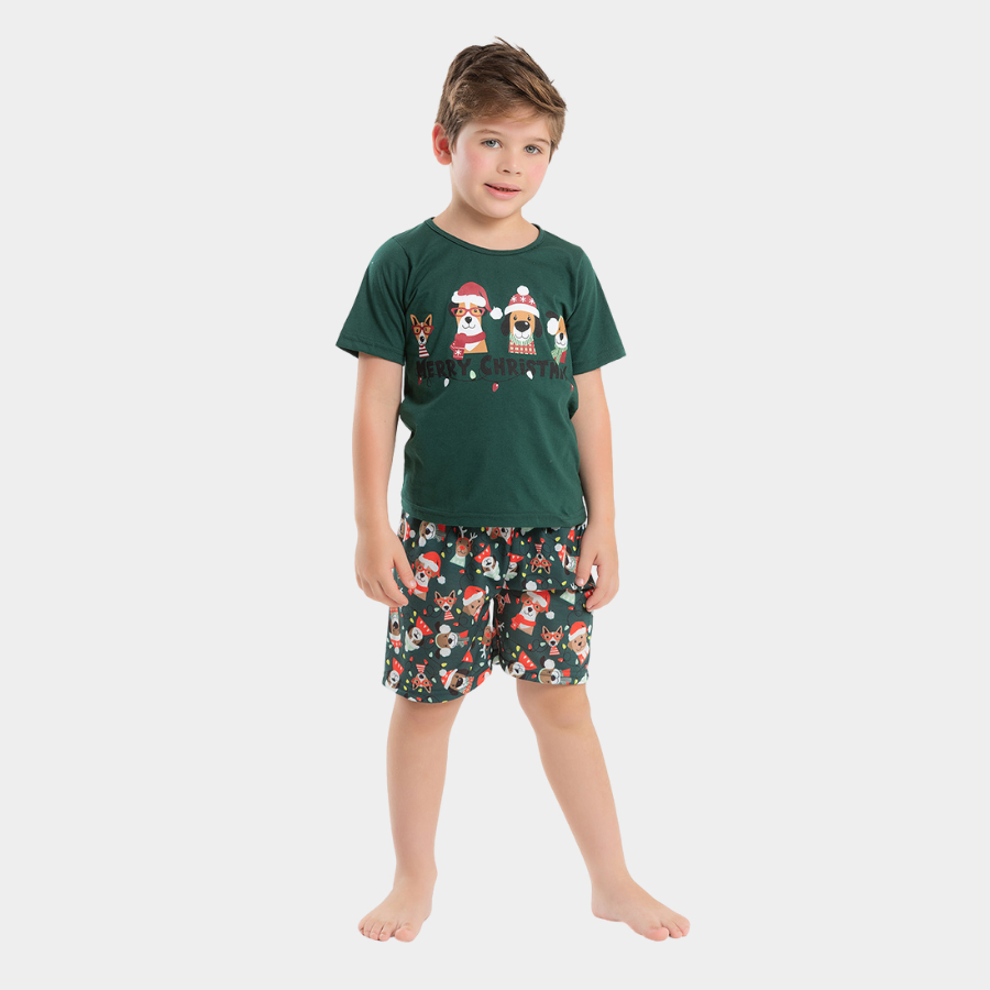 Pijama Natal Verão Menino Verde Camiseta e Bermuda Merry Christmas