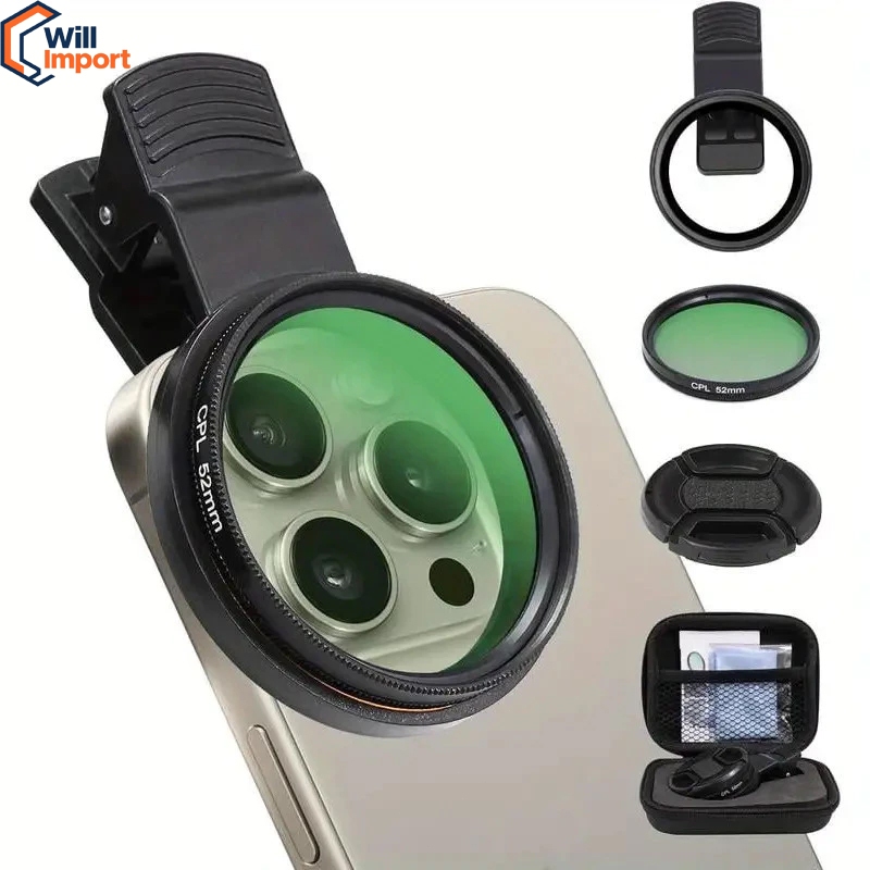 Kit 52mm Filtro Cpl Lente Polarizador Para Celular Clipe Anti Reflexo Com Estojo