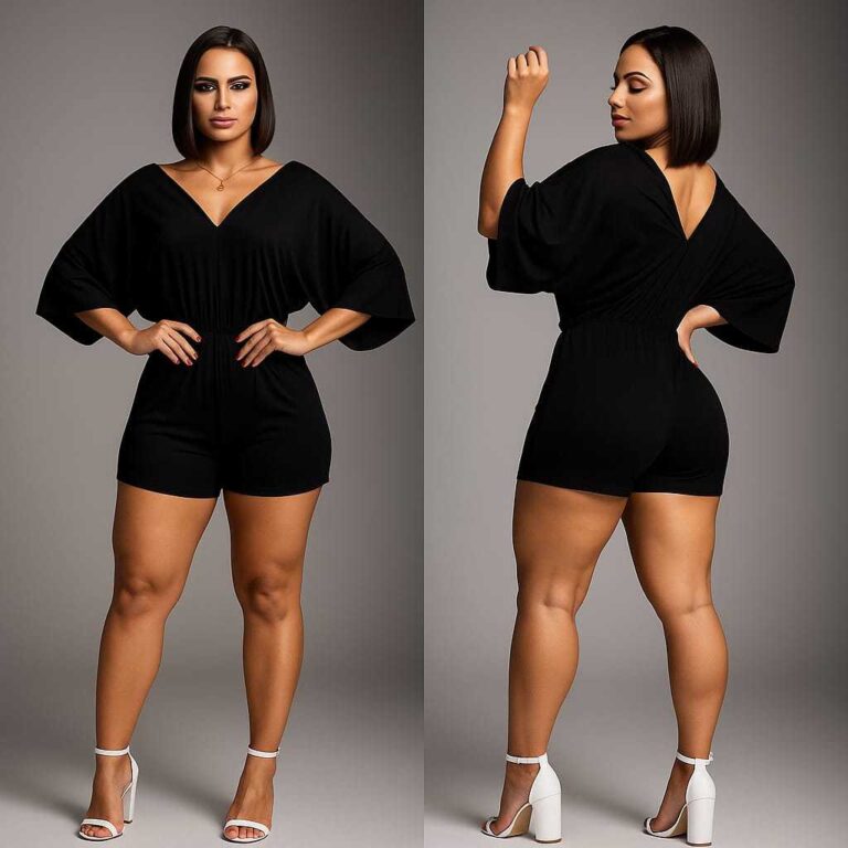 Macaquinho Manga Flare Gola V: Midi PluzSize, gest