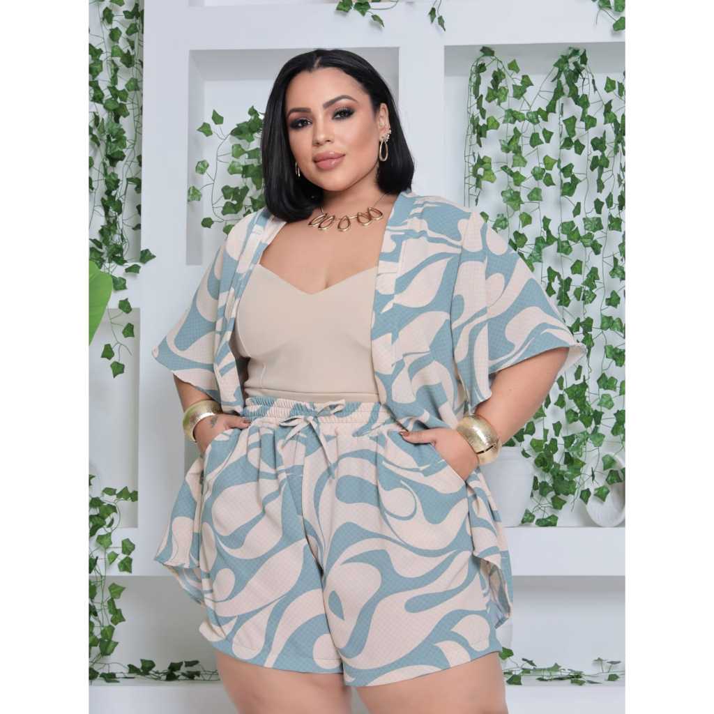 Conjunto Feminino Plus Size Camisa (Kimono) E Short Moda Blogueira