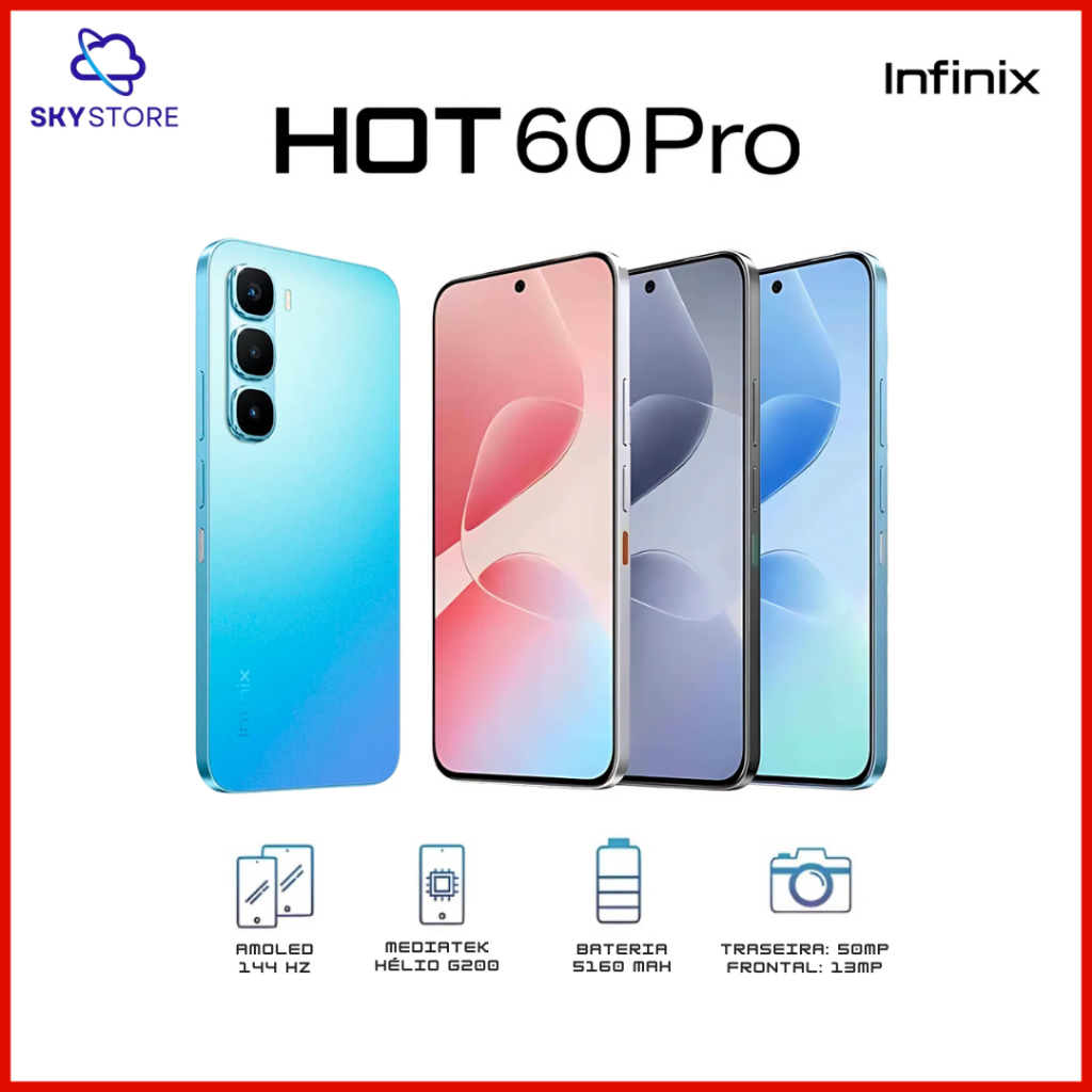 Infinix Hot 60 Pro 256GB Armazenamento 8GB RAM, Processador MediaTek Helio G200, Câmera 50MP Versão