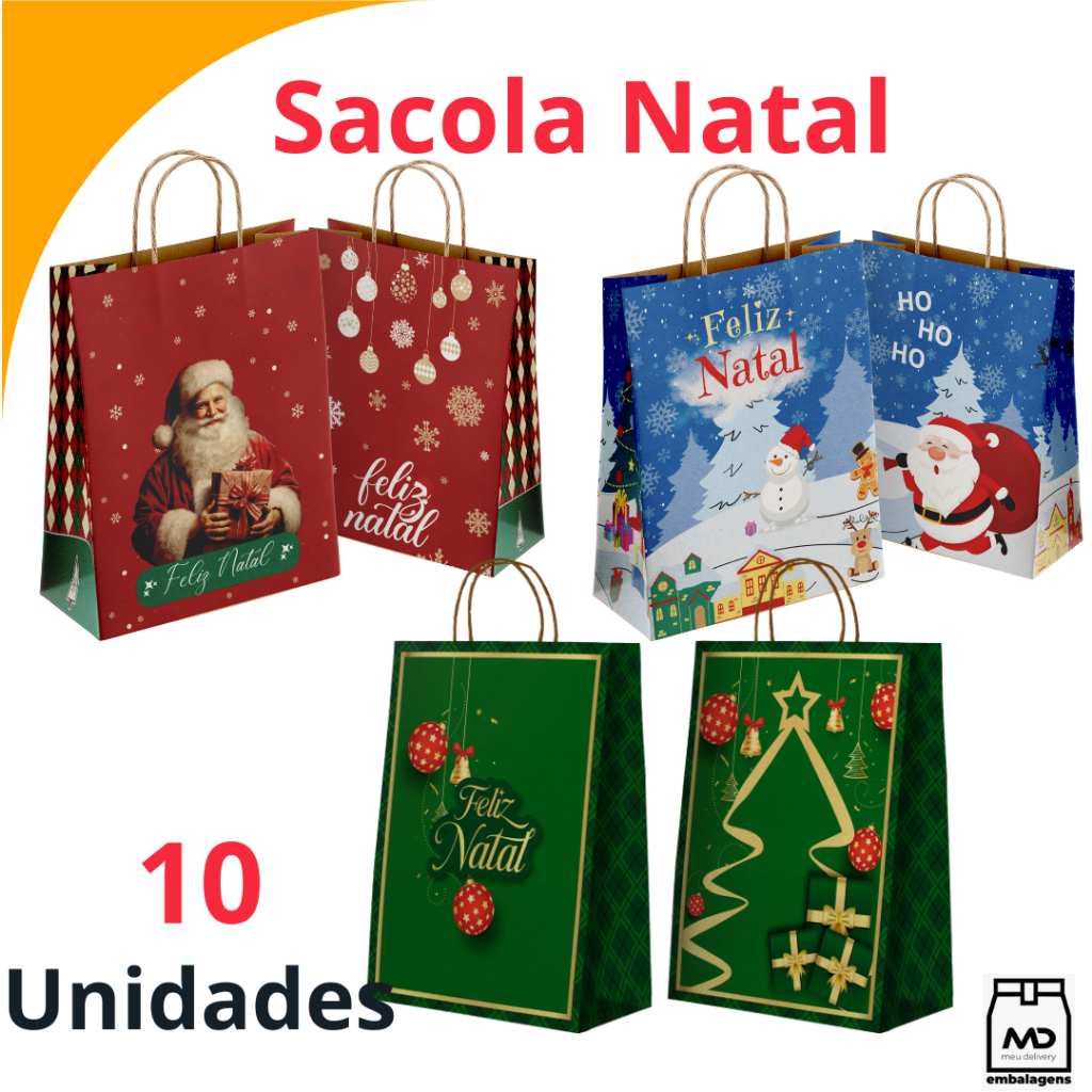 Sacola Papel Kraft Natal Papai Noel (Azul, Vermelho ou Verde) 10 unidades