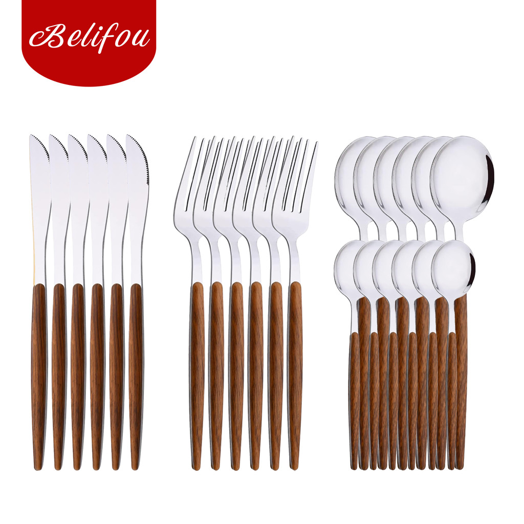 Belifou Kit 24 Jogo De Talheres Aço Inoxidável 416 Prata Alças De Madeira – Diana