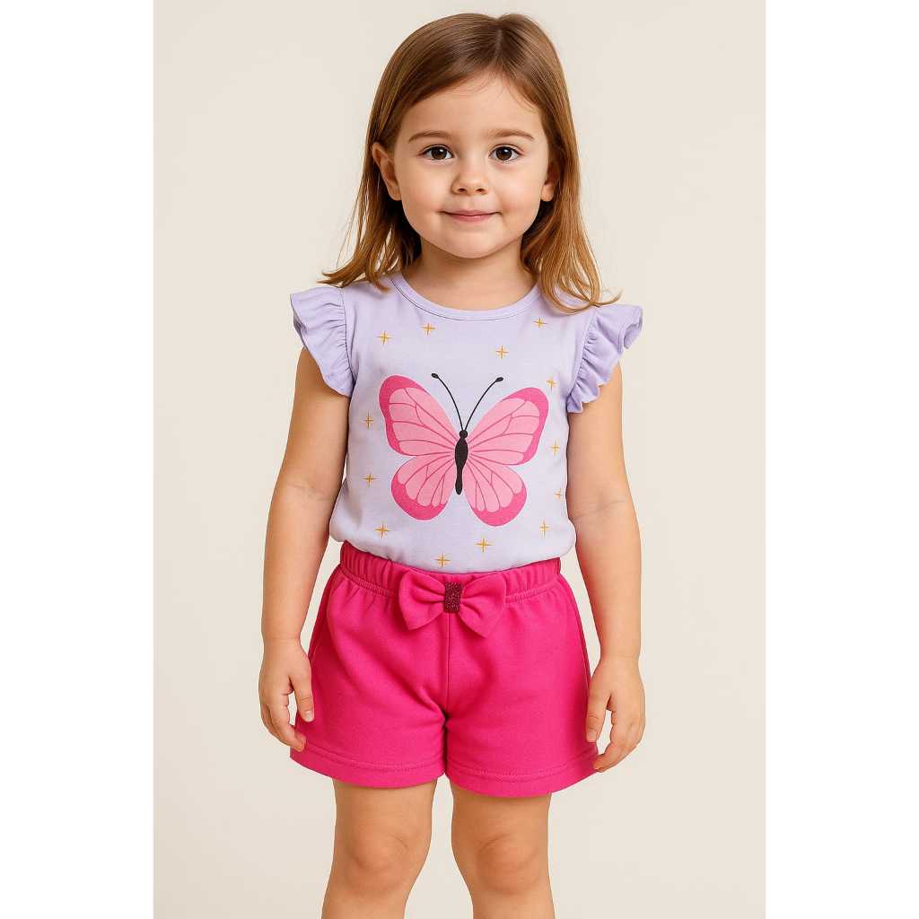 Conjunto verão infantil menina.Blusa+Bermuda com cadarço com brilho
