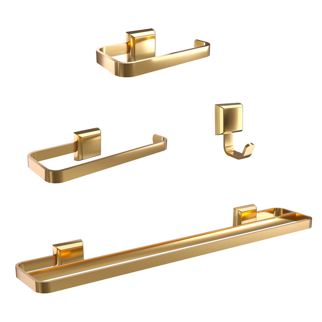 Kit Acessórios Para Banheiro Dourado Toalheiro Duplo Gold