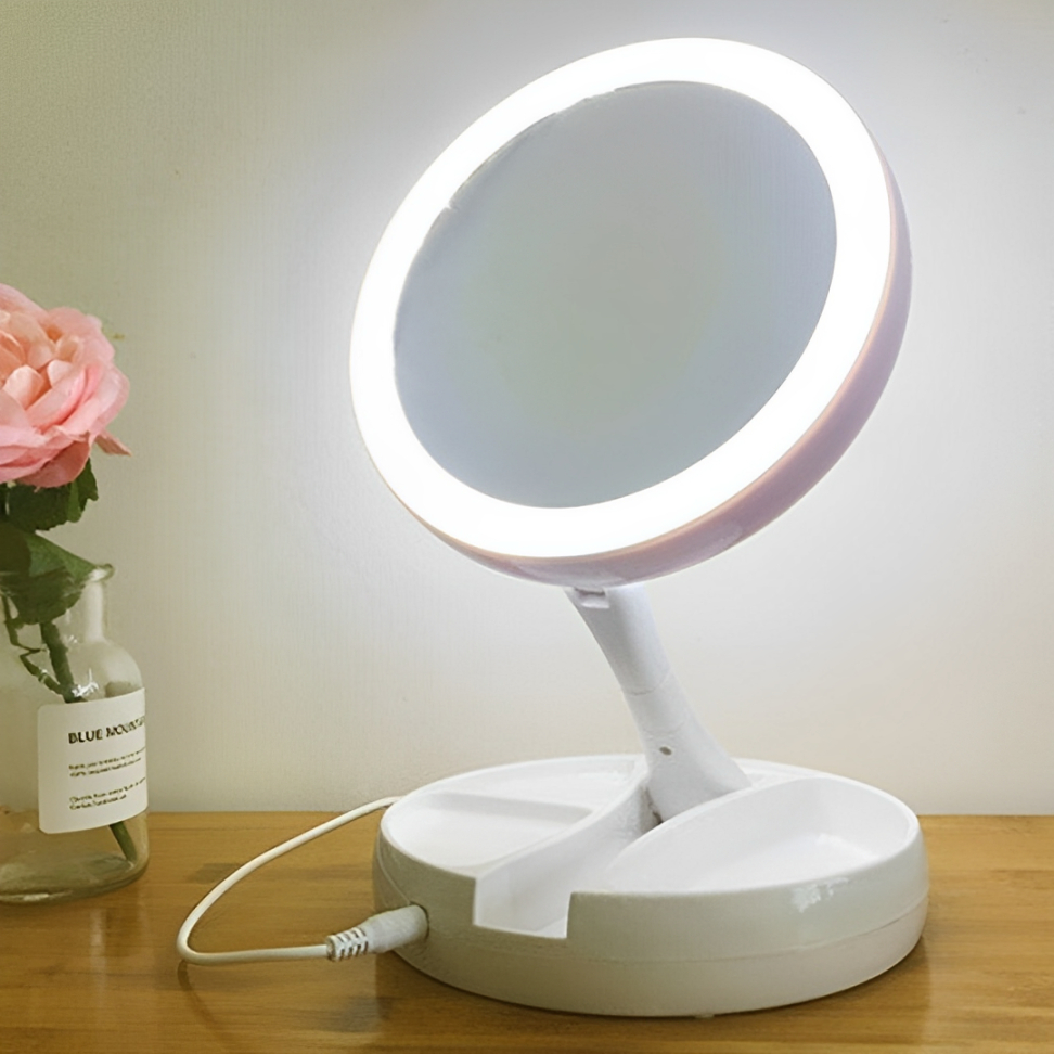Espelho De Maquiagem Com Luz Dobrável Portátil Articulado 10x Aumento Pronta Entrega