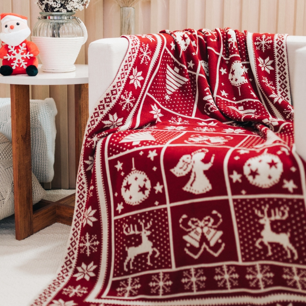 Manta Natalina Decorativa Tricot Macia Desenho com Árvore de Natal 155x95cm Dupla Face DA